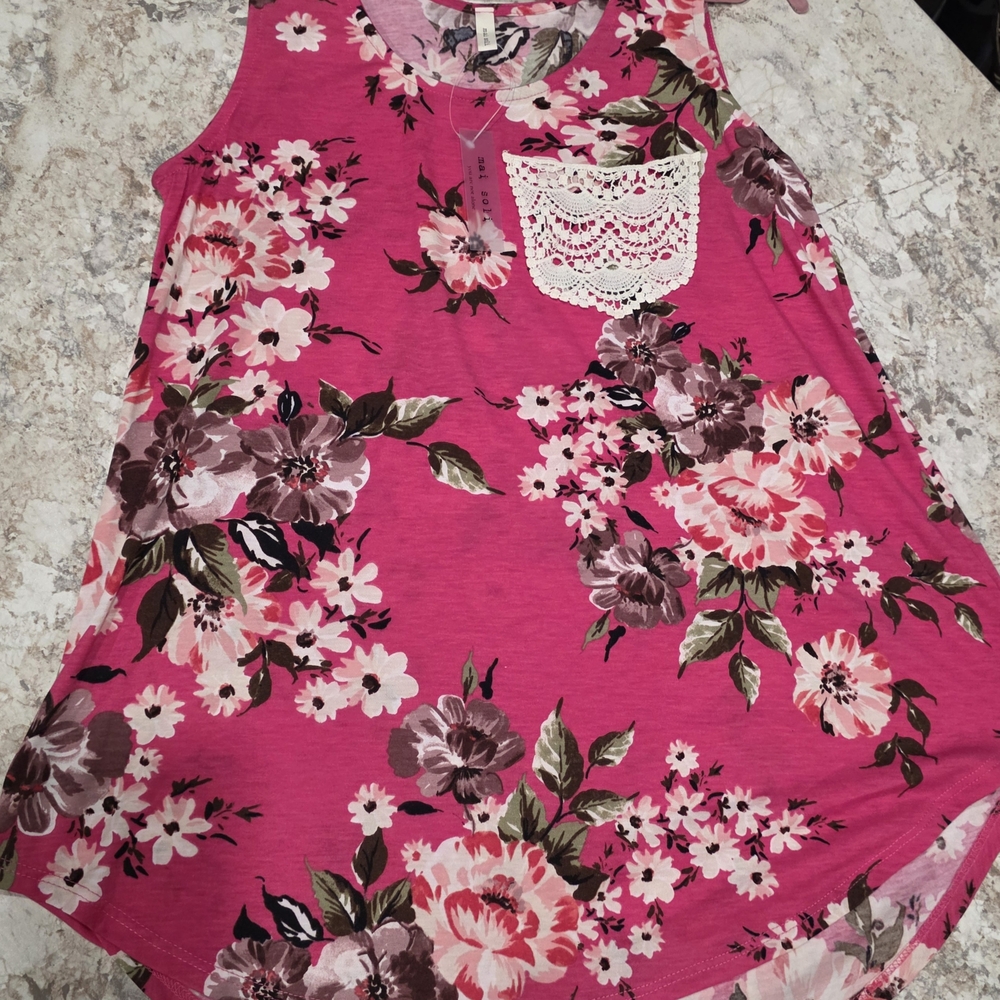 Vibrant Floral Sleeveless Top with Lace Detail